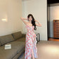 Tea break French v-neck floral suspender dress gentle temperament waist slit skirt R0619