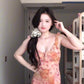 Pink floral suspender dress beautiful waist slim hip skirt R0622