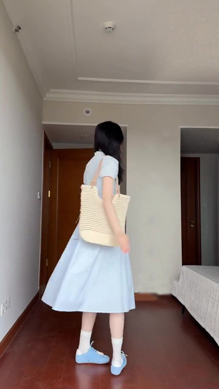 Gentle and sweet style blue puff sleeve dress temperament waist A-line long skirt R0771