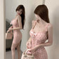 Sweet pure desire style girl dress print slim fit chest pad pink sleeveless hip skirt R3633