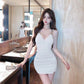 Metal chain low-cut sexy V-neck dress with waist and backless slimming hip-hugging short skirt R3635