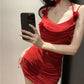 Pure and gentle style flower sling dress with tassels, slim fit, pleated, slimming, hip-wrapped short skirt R3636