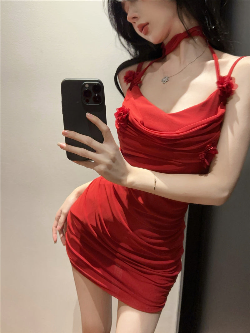 Pure and gentle style flower sling dress with tassels, slim fit, pleated, slimming, hip-wrapped short skirt R3636