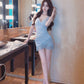 French sexy style irregular tassel skirt dress low-cut slim backless stitching slim hip skirt R3667