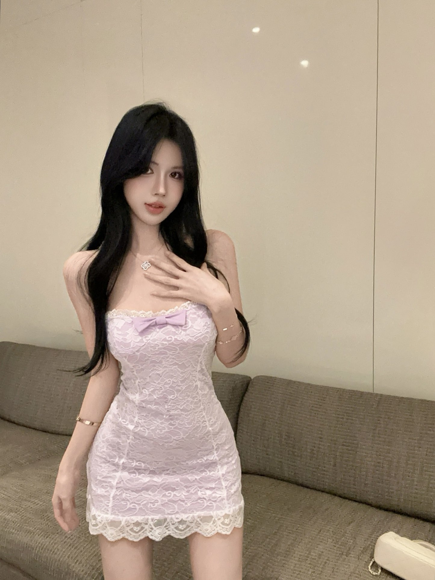 Pure lace tube top dress with bowknot slim fit petite French sexy hip skirt R3668