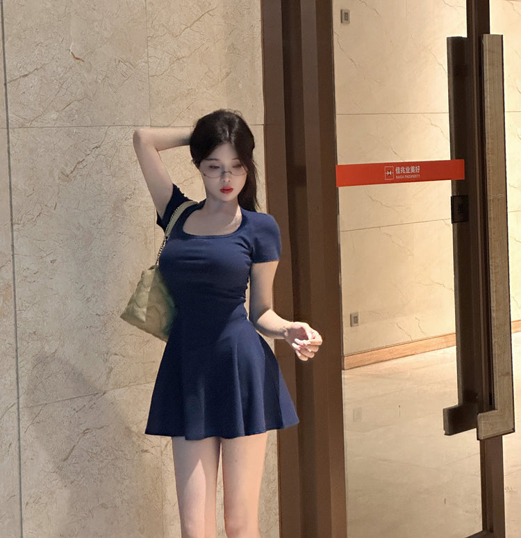 Pure desire style sexy dress summer high waist elastic slim fit solid color A-line short skirt R3671