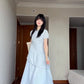 Gentle and sweet style blue puff sleeve dress temperament waist A-line long skirt R0771