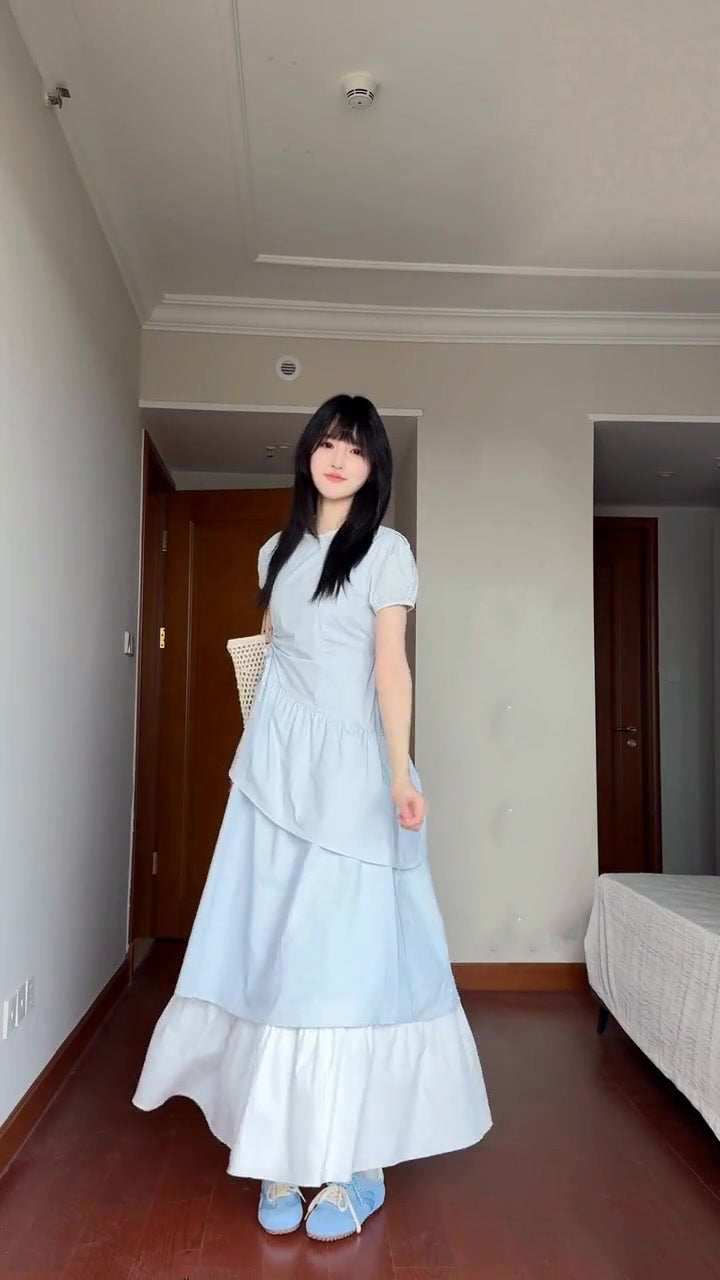 Gentle and sweet style blue puff sleeve dress temperament waist A-line long skirt R0771