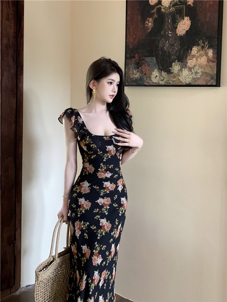 Temperament high-end retro floral dress super beautiful long skirt R0646