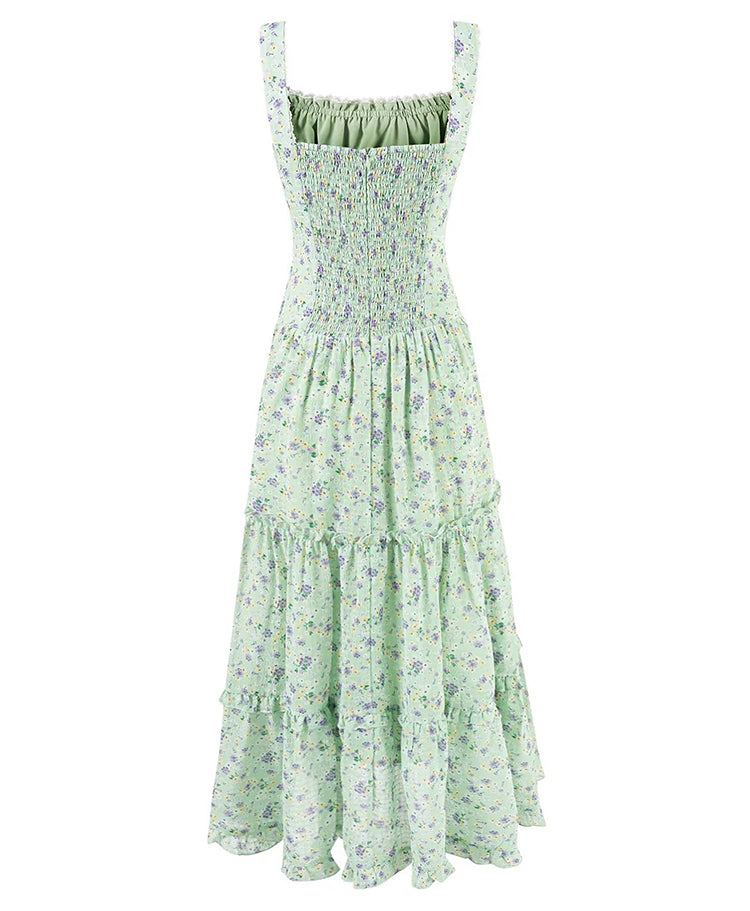 French green floral sling dress 2025 new holiday temperament cake dress R2582