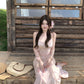 Pink floral suspender dress, beautiful waist, slim fit, hip fishtail skirt R0631