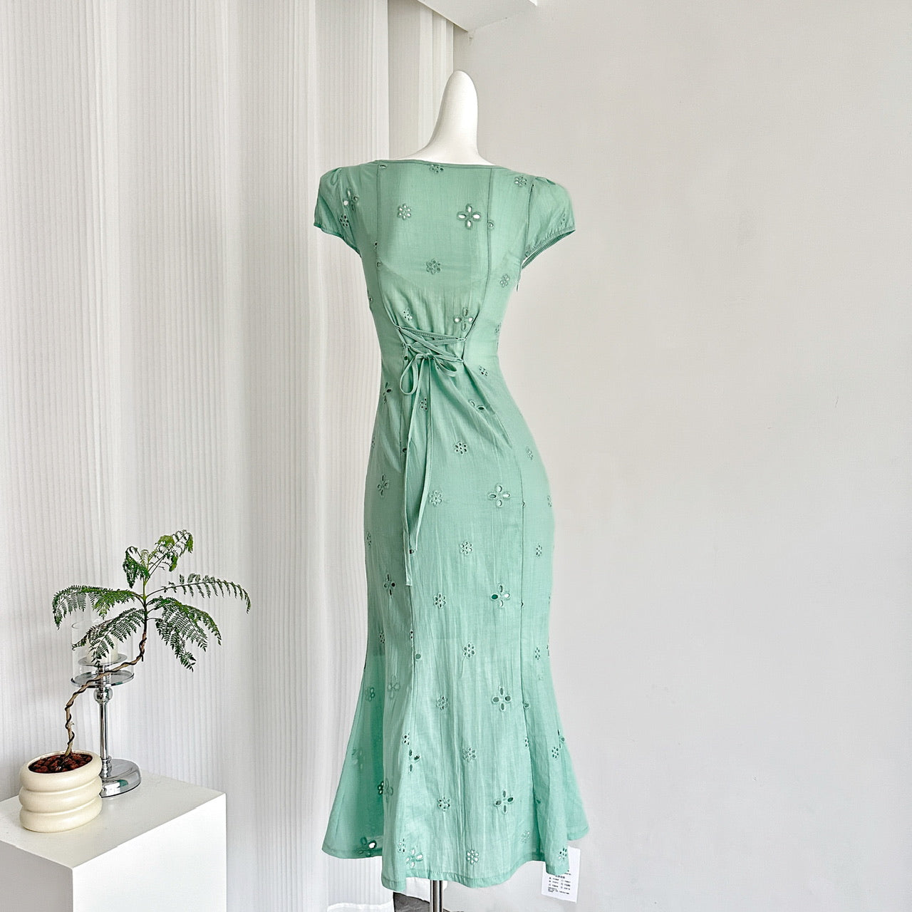Light Mint Tea Break French Puff Sleeve Hollow First Love Fishtail Dress R2108