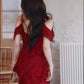 Retro red one-shoulder suspender dress high-end temperament beach dress R0774