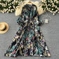 European and American style pleated printed dress lantern long sleeve waist slim long skirt R2322