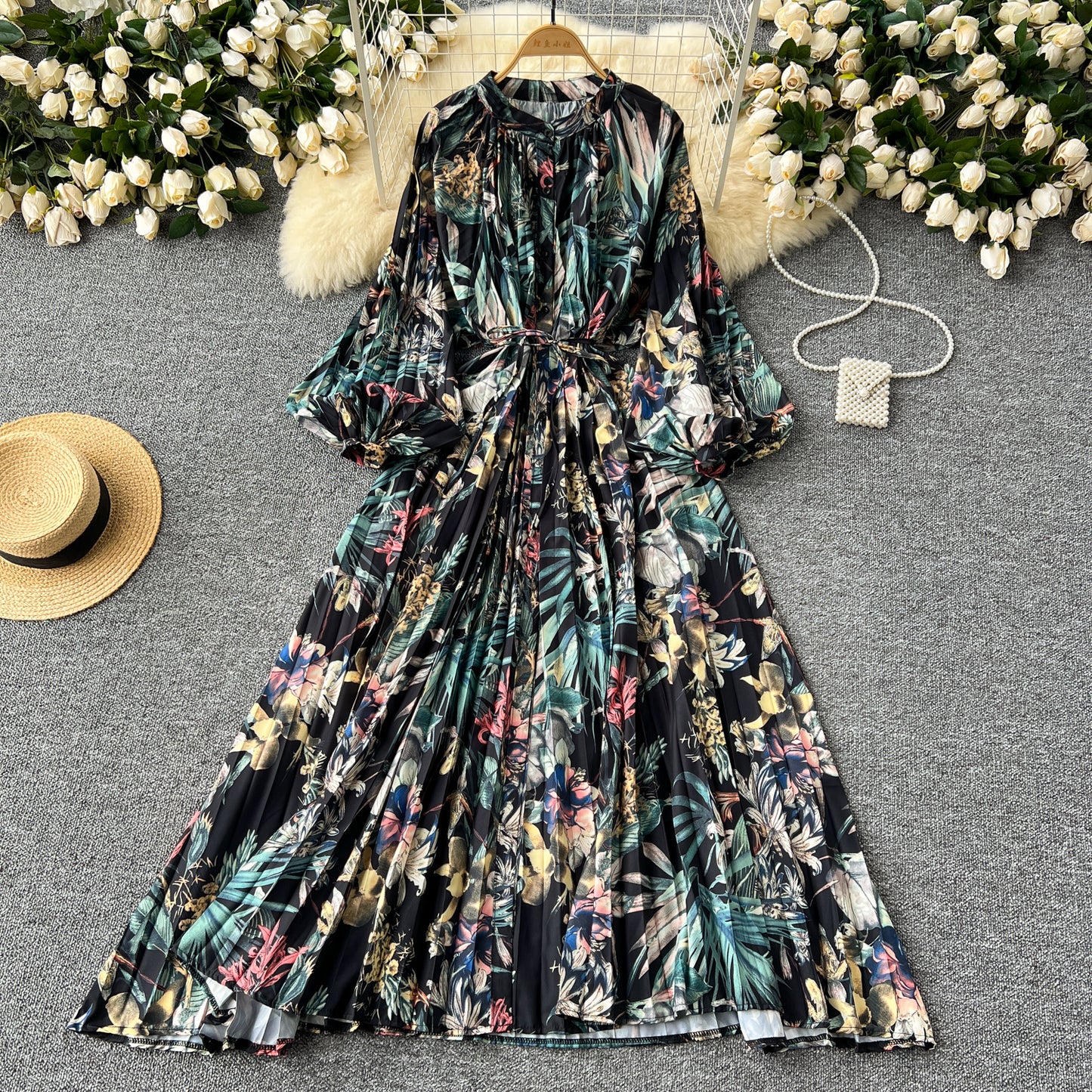 European and American style pleated printed dress lantern long sleeve waist slim long skirt R2322