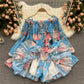Holiday style jumpsuit with off-shoulder puff sleeves and slim fit short chiffon print dress pants R2324