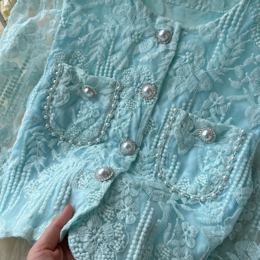 Chanel style suit short round neck puff sleeve lace top high waist wide skirt two-piece suit R2323