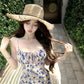 Tea break floral suspender dress gentle temperament waist slim fit A-line skirt R0499