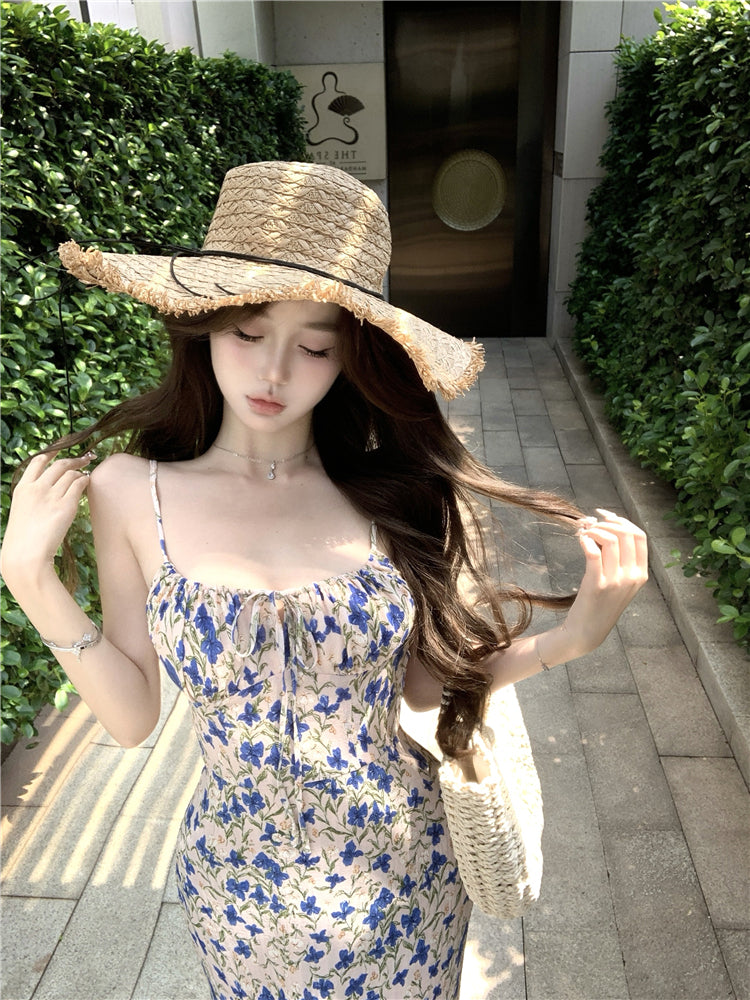 Tea break floral suspender dress gentle temperament waist slim fit A-line skirt R0499