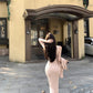 Sexy pink knitted suspender dress gentle temperament waist slim hip skirt R0502