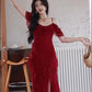 Retro red one-shoulder suspender dress high-end temperament beach dress R0774