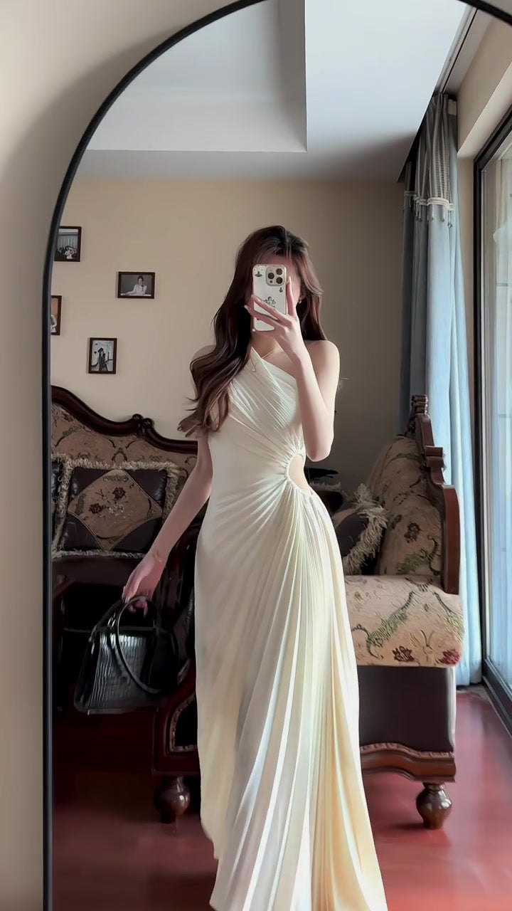 Temperament high-end hollow off-shoulder pleated long skirt design irregular dress R0639