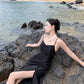 Black suspender dress slim sexy temperament slit silk satin holiday wear skirt R1443