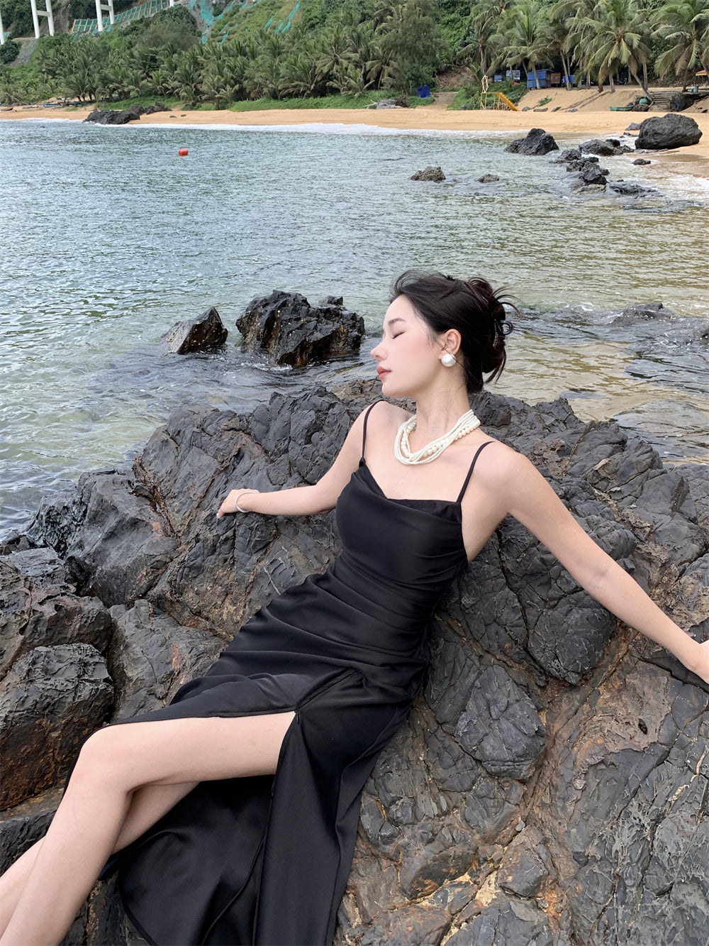 Black suspender dress slim sexy temperament slit silk satin holiday wear skirt R1443