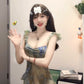 Blurred floral suspender dress temperament waist A-line beach dress R0659