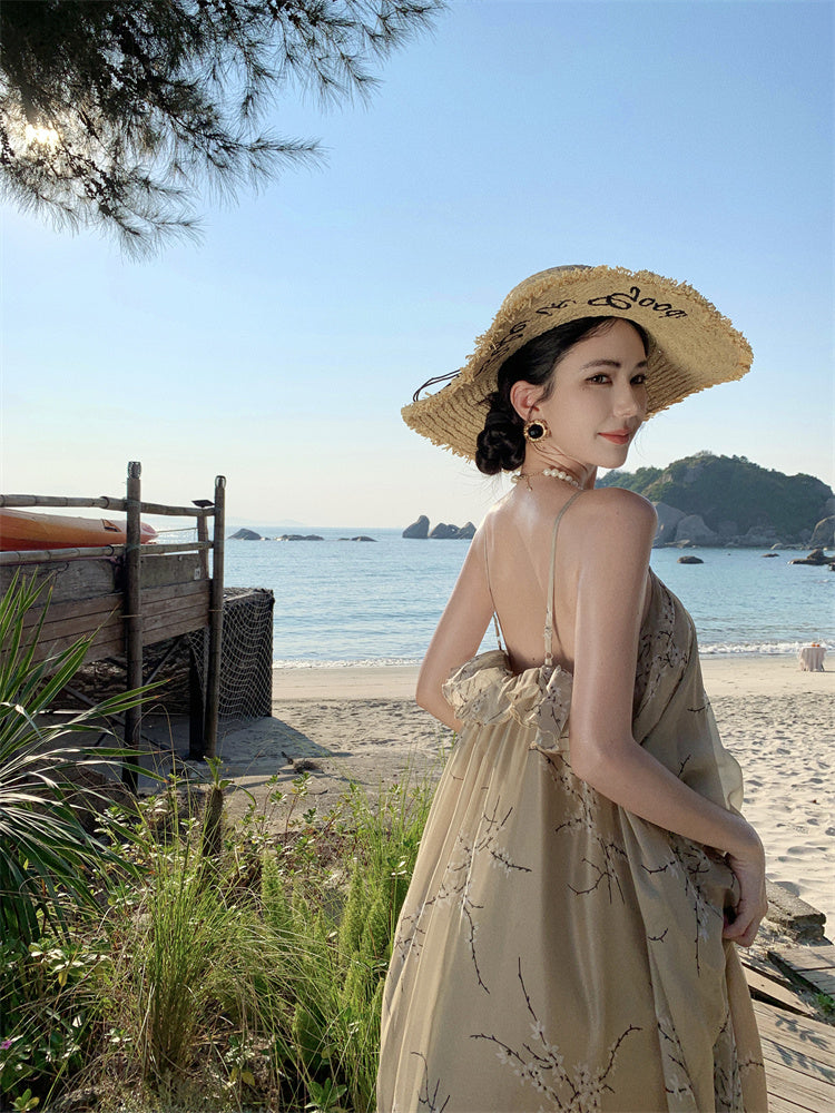 Retro printed suspender dress gentle temperament A-line long skirt R0660