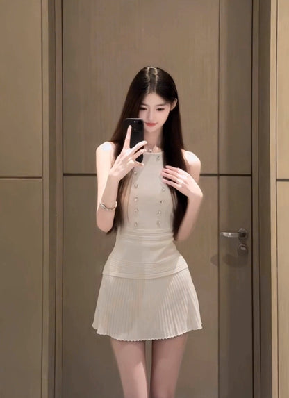 Suit outfit gentle temperament white vest pleated skirt two-piece suit R0662