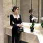 Hepburn style French black dress high-end niche temperament square neck long sleeve dress R1793