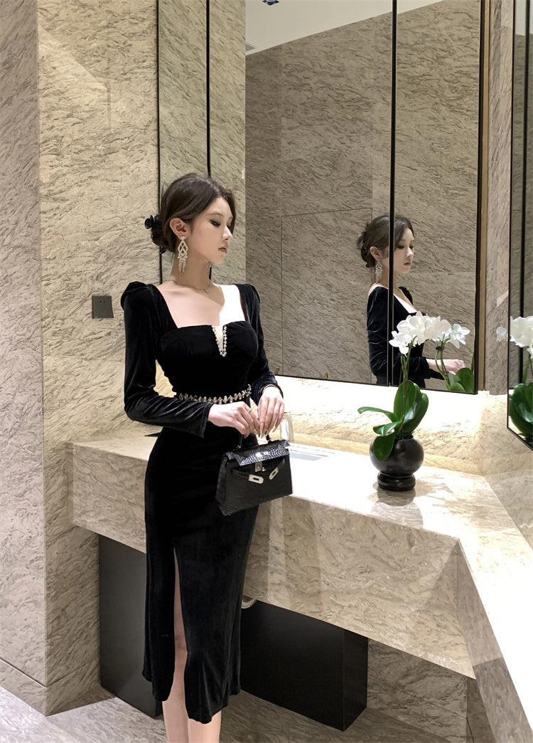 Hepburn style French black dress high-end niche temperament square neck long sleeve dress R1793