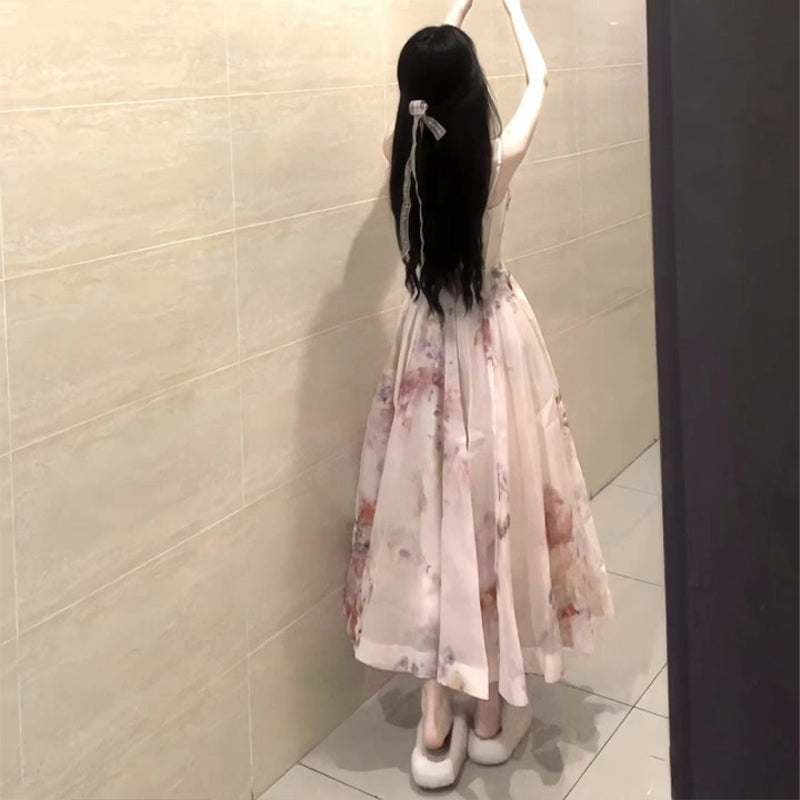 A rich girl's outfit with floral suspender dress, gentle temperament, waisted A-line long skirt R0489