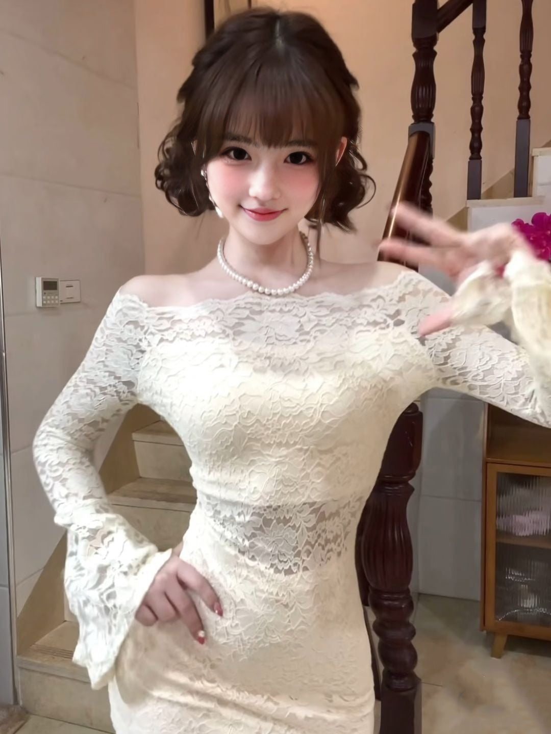 Gentle style lace one-shoulder dress beautiful waist slim hip skirt 2025 new R0855