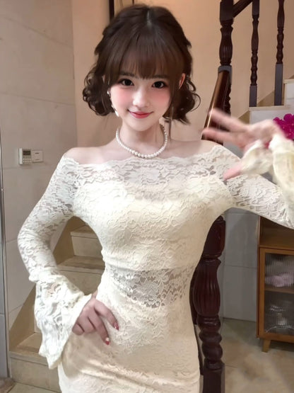 Gentle style lace one-shoulder dress beautiful waist slim hip skirt 2025 new R0855