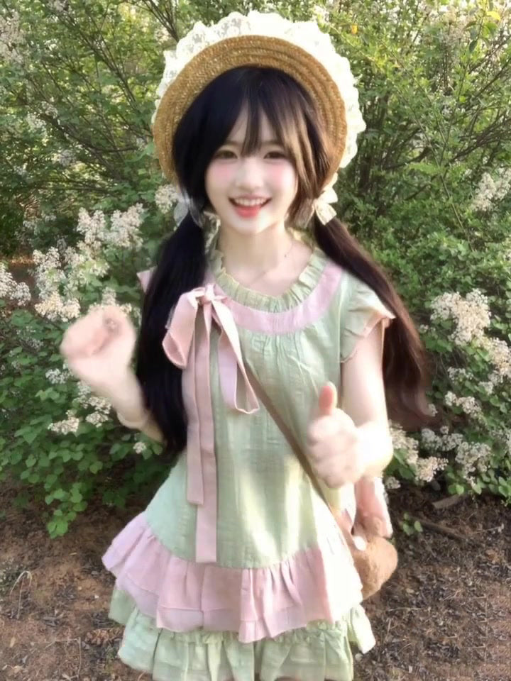 Pure outfit set casual green small flying sleeve top short skirt two-piece set R0834