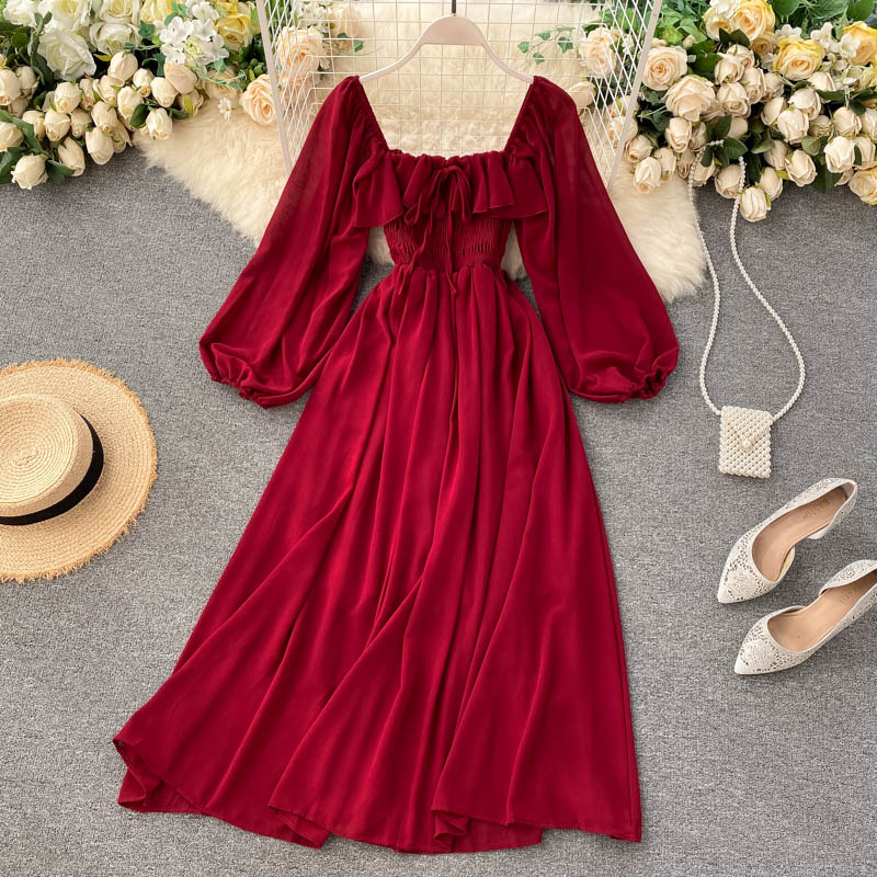 Gentle style dress 2025 new French retro square neck puff sleeve chiffon dress R2212