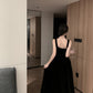 French square neck velvet suspender dress waist temperament dress black long skirt R1423