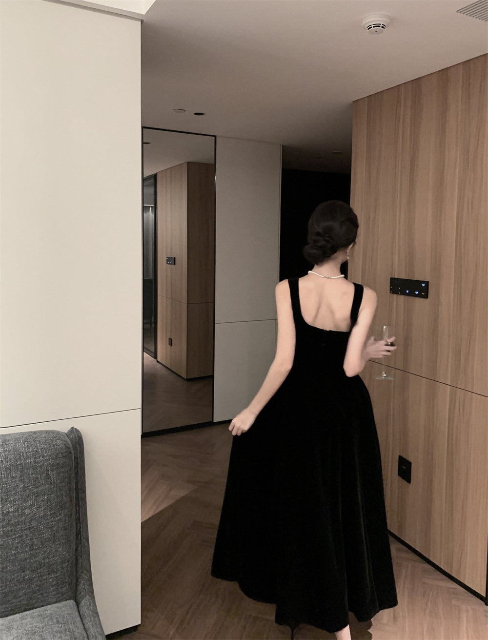 French square neck velvet suspender dress waist temperament dress black long skirt R1423