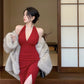 Hong Kong style retro wine red sleeveless backless slit halter neck dress beach dress R1426