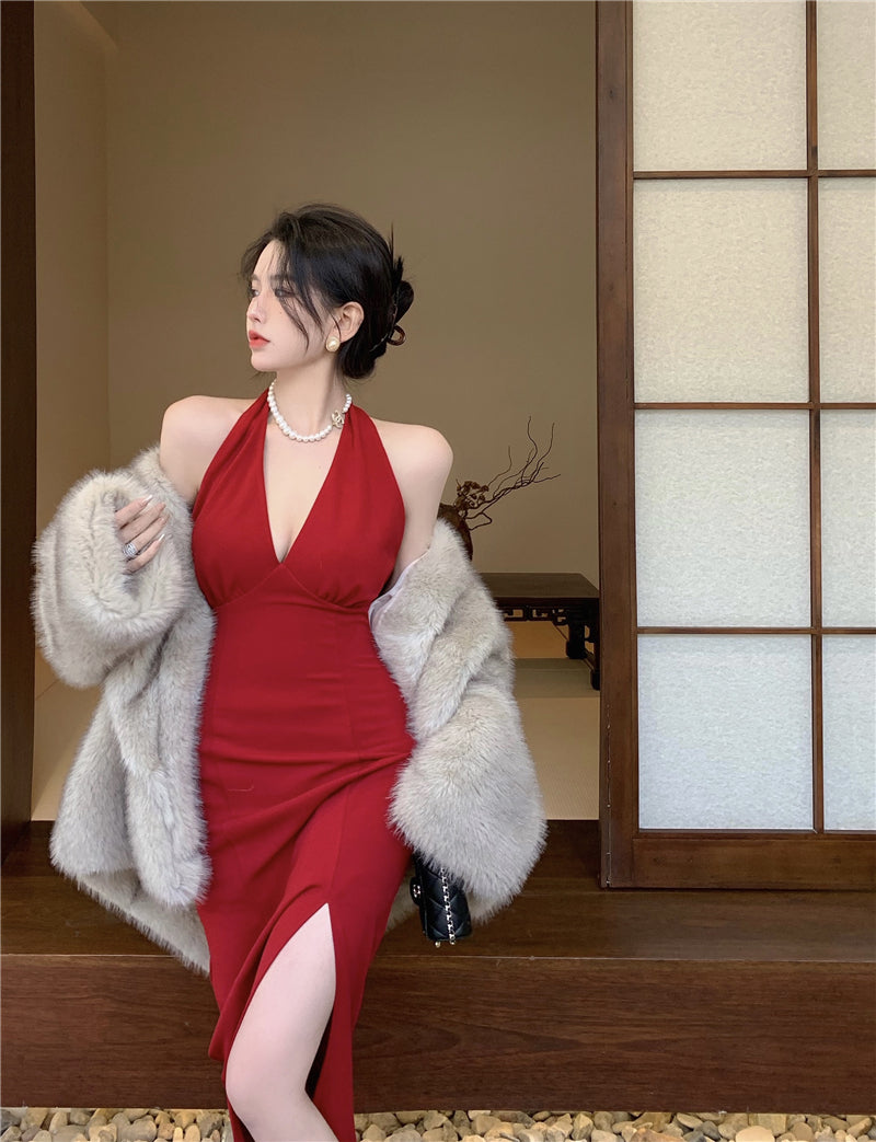 Hong Kong style retro wine red sleeveless backless slit halter neck dress beach dress R1426