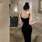 Black square neck suspender dress slim fit slit Hepburn style velvet hip dress R1424