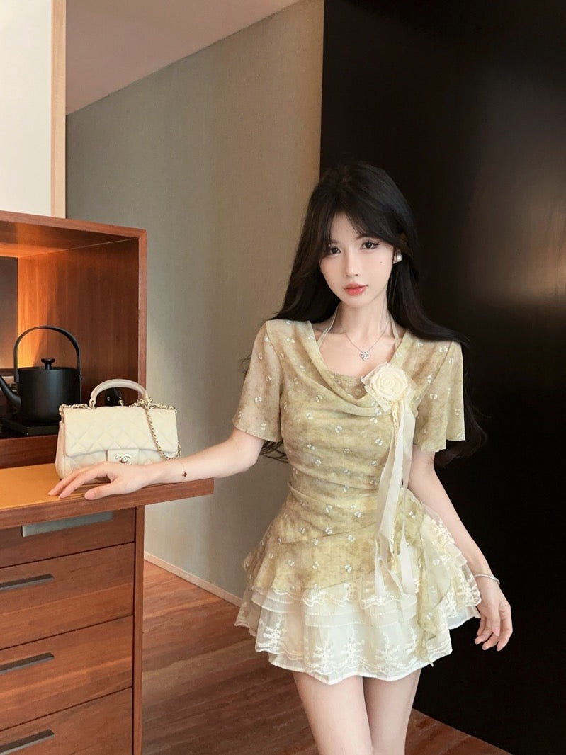 French lace three-dimensional flower collar chiffon shirt summer new sweet halter neck R3390