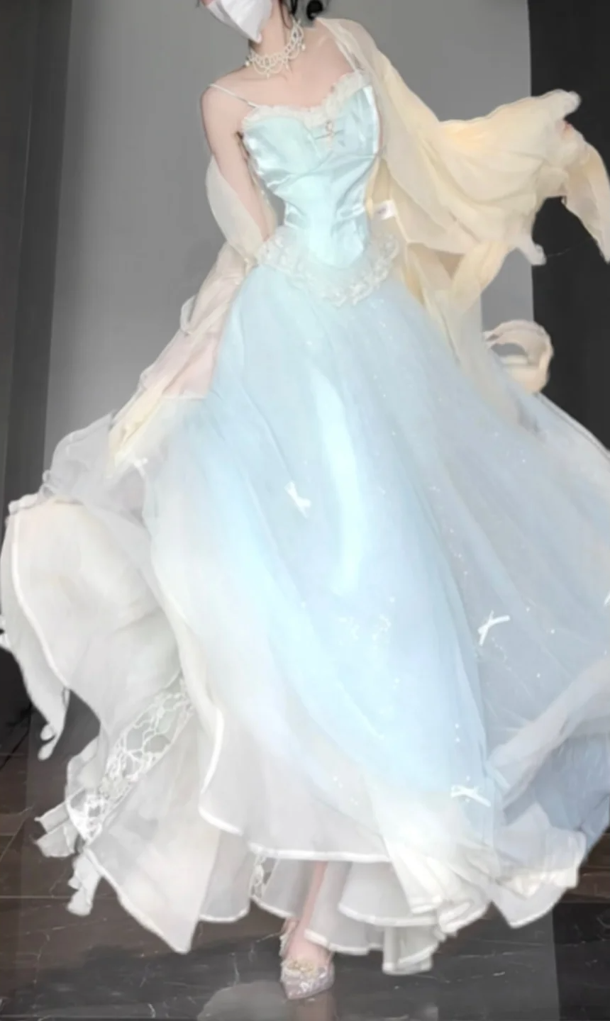 Qianjin Outfit Blue Camisole Vest Mesh Skirt Two-piece Set R0511