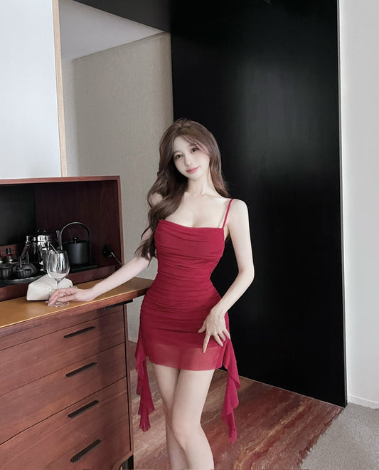 French sexy suspender dress sweet high waist slim fit ruffled slimming collar hip skirt R3749