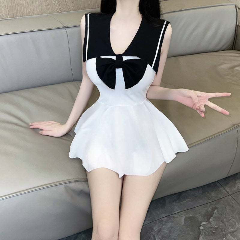 Pure girl style color matching navy collar sailor dress bow slim mini short uniform vest dress R3755