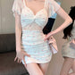 Mesh floral dress sexy internet celebrity temperament waist pleated slim hip skirt R3752