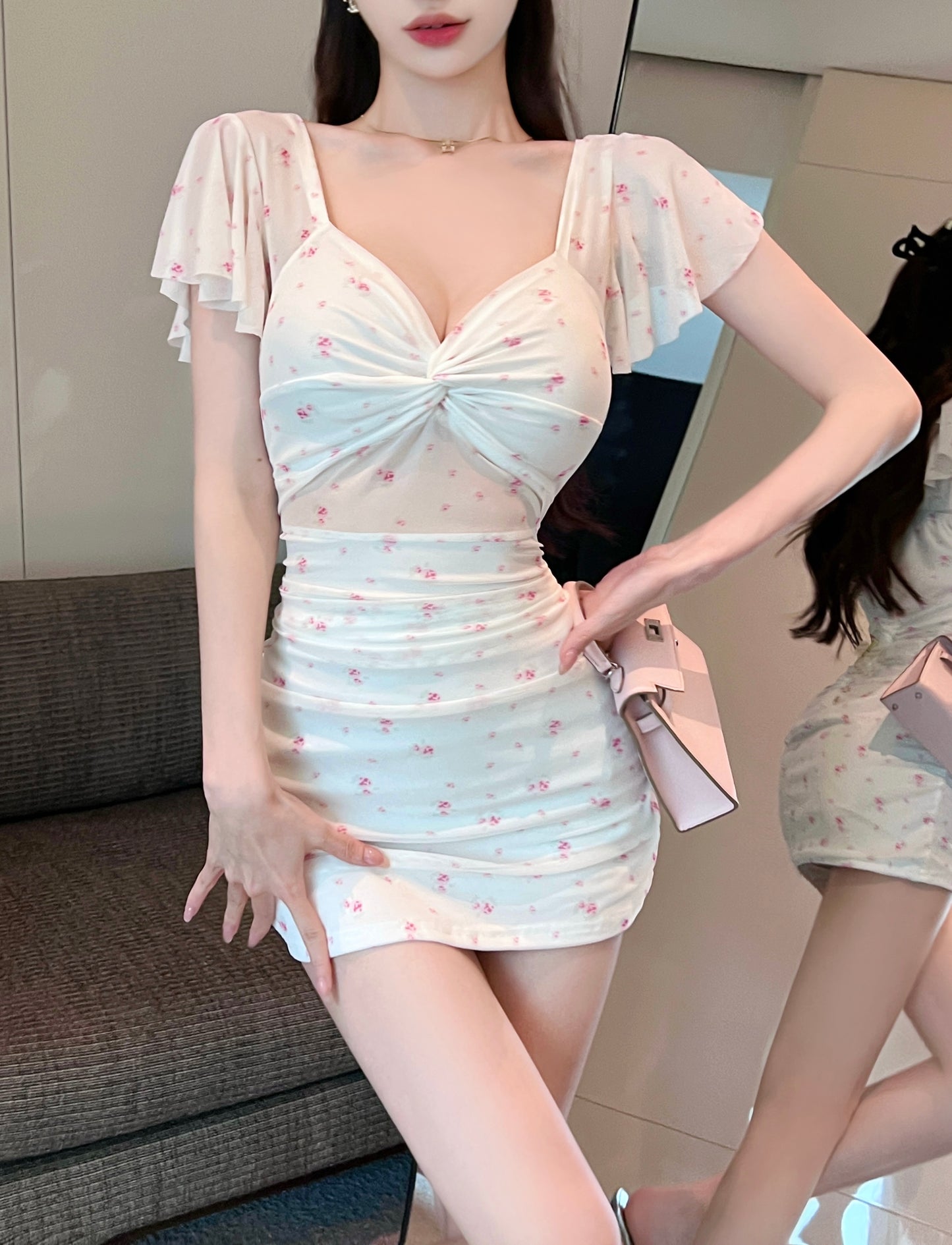 Mesh floral dress sexy internet celebrity temperament waist pleated slim hip skirt R3752