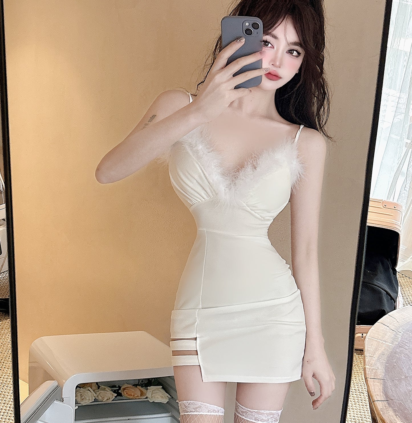 Pure desire style sexy suspender skirt tight and thin irregular figure showing dress R3756